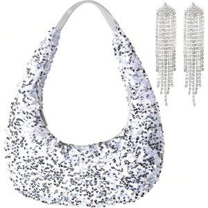 Bling Silver Sequin Evening Bag for Women with Earrings, Compact Elegant Style